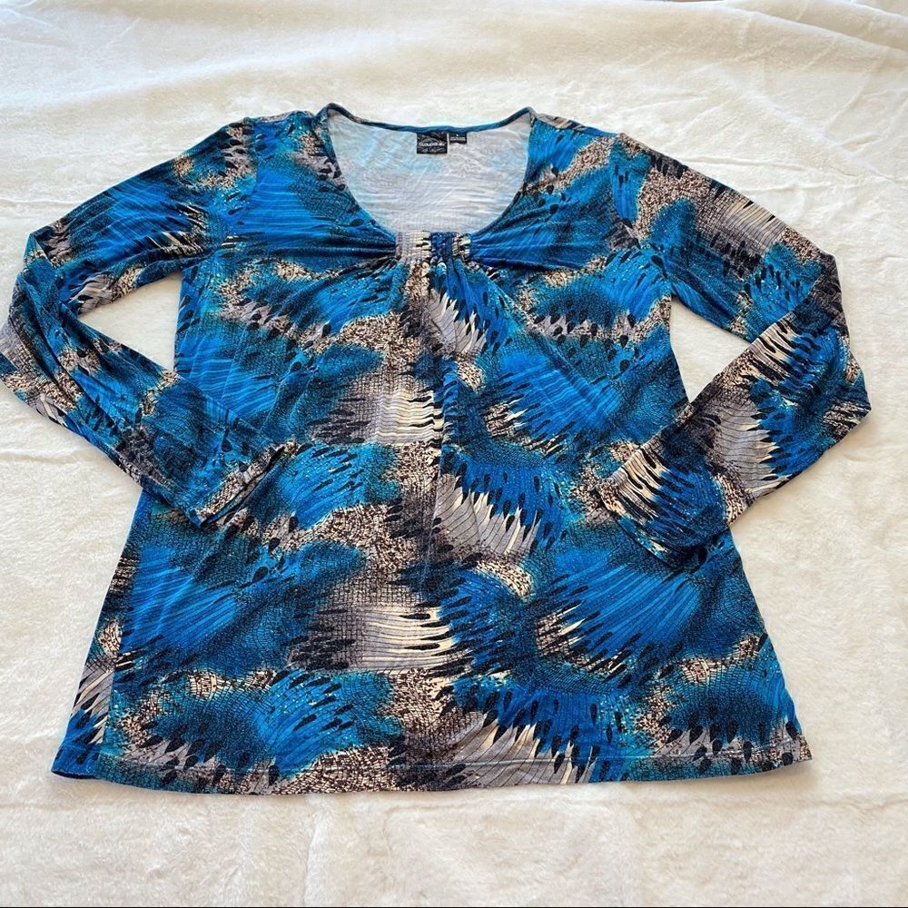 Claudia EV Scoop Neck Long Sleeve  Blue, Brown And Cream Design Size Large
